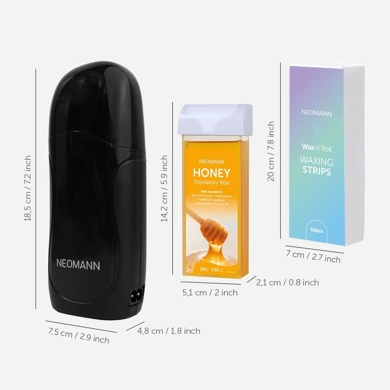 Roll on Wax Kit for Hair Removal with 2x Honey Cartridges Black | 100 Wax Strips wax roller for Hair Removal-Pink with 10 PostWax Treatments