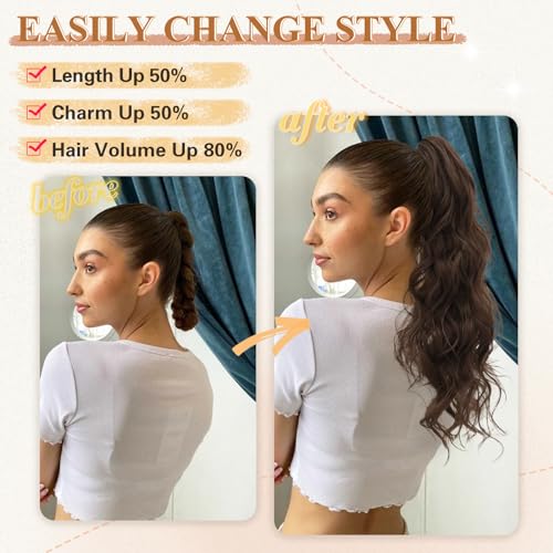MORICA 24 Inch Curly Ponytail Extension with Claw Clip, Chestnut Brown Mix Blonde Highlights