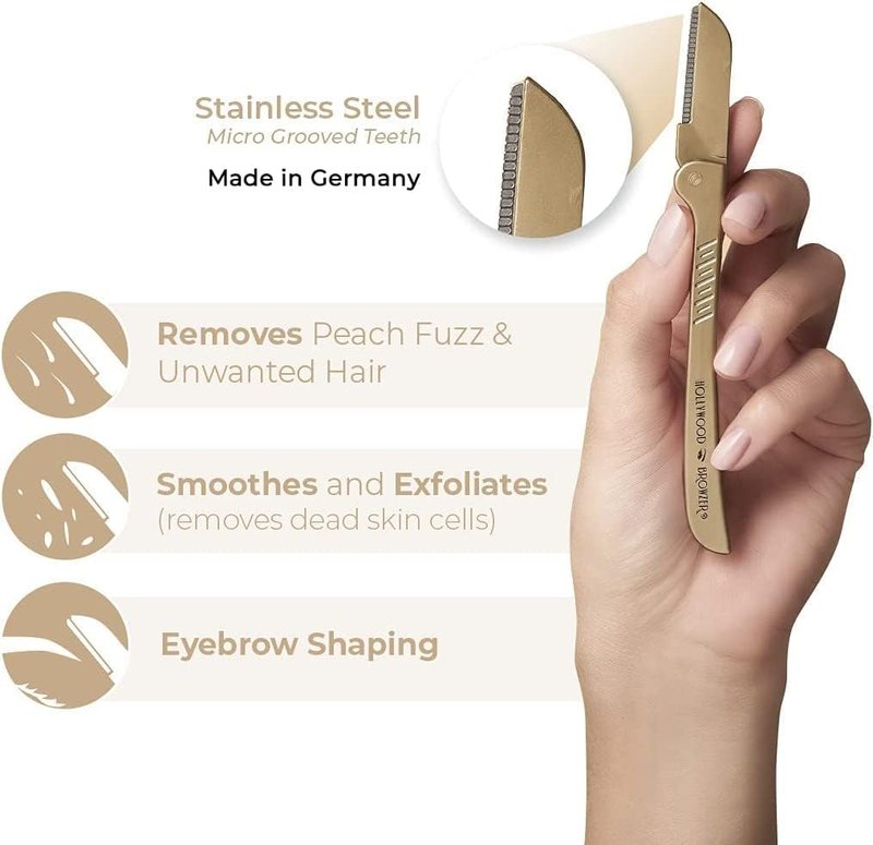 Hollywood Browzer Hair Removal and Dermaplaner - Eyebrow Razor for Women - Removes Peach Fuzz - Travel Size Eyebrow Grooming Kit - Gold - 1 pc