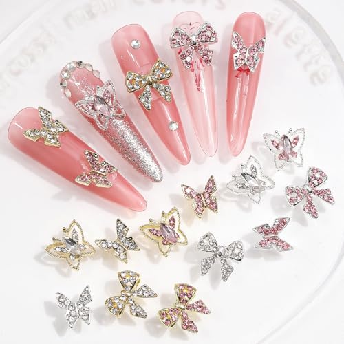 Cublive 24PCS Y2K Nail Charms with Rhinestones - Heart, Butterfly & Cherry