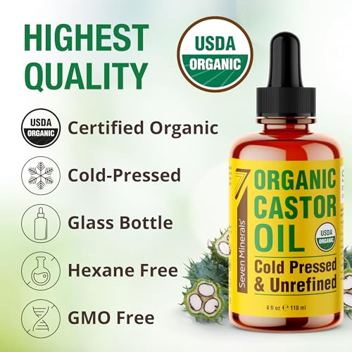 Seven Minerals Organic Castor Oil 4oz for Eyelash, Eyebrow & Hair Growth - Pack of 1