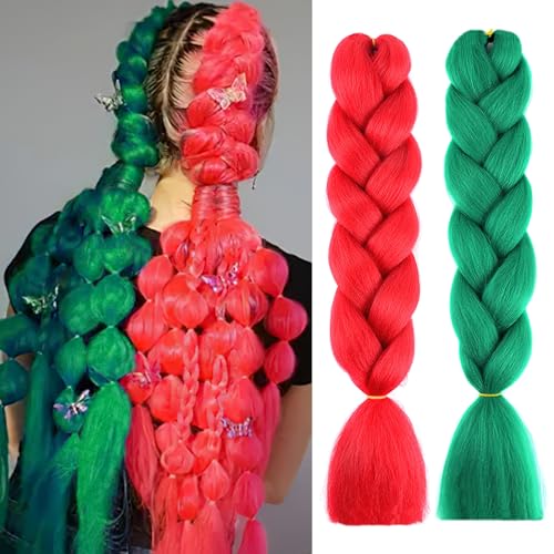 BASEMMAHER Red Green Ombre Jumbo Braiding Hair Extensions Small 24 Inch Synthetic Fiber