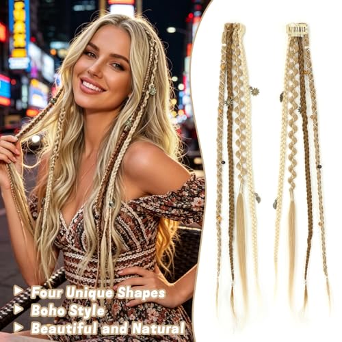 Oldsion 16 Inch Clip-In Braids Dreadlock Extensions with Beads & Chains, Medium Blonde with Pale Highlights, 2PCS