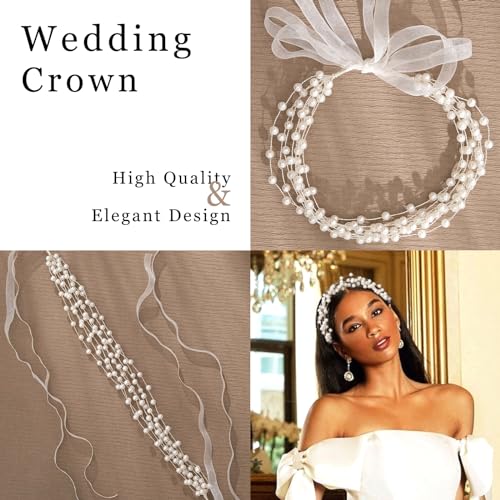 White Pearl Bridal Headband with Ribbons - Elegant Wedding Hair Accessory