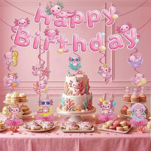 Axolotl Birthday Party Decorations - 22 Pcs Kit with Banners & Swirls