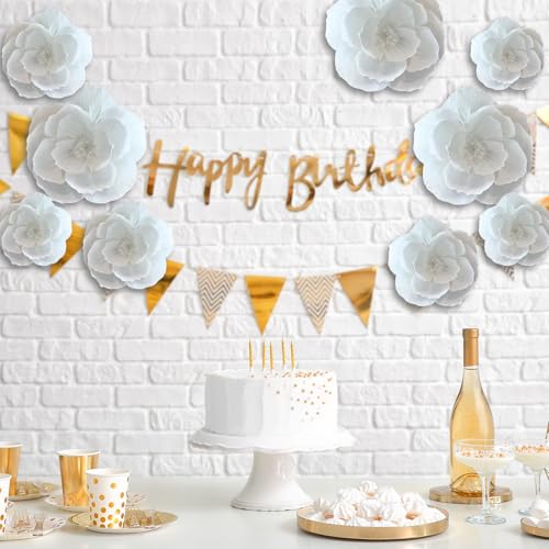 White Crepe Paper Flowers - 9 Pcs for Wedding & Party Decor