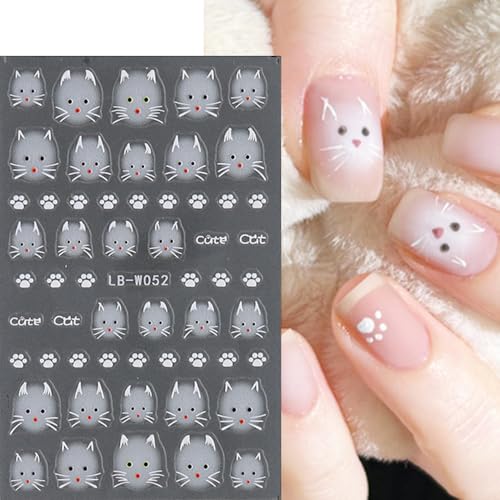Cute Cat Nail Art Stickers - 2 Sheets 5D Self-Adhesive Decals