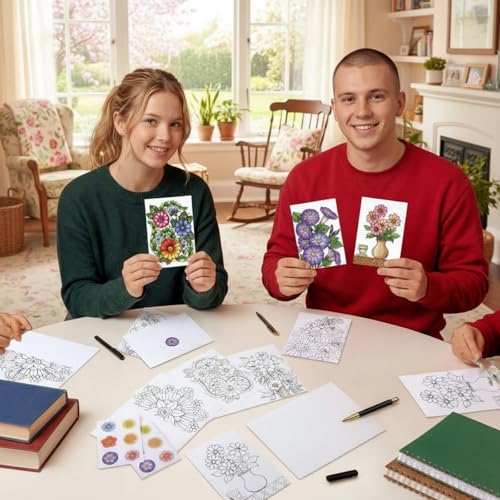 Gueevin 24-Piece Flower Coloring Greeting Cards Set with Envelopes