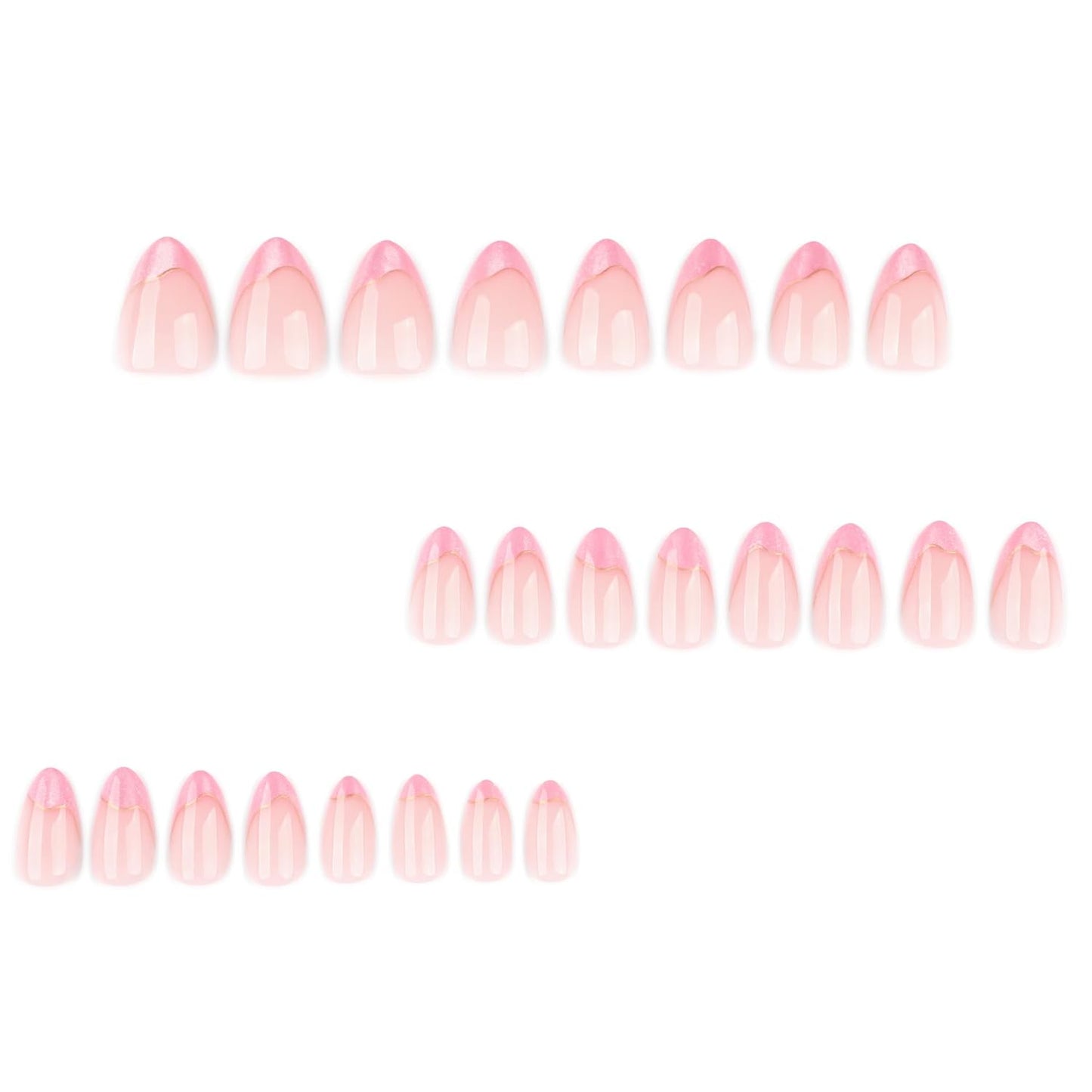 Cat Eye French Tip Press-On Nails - Nude & Pink Short Almond | Reusable Glue-On Nails with Gold Line for Weddings & Parties