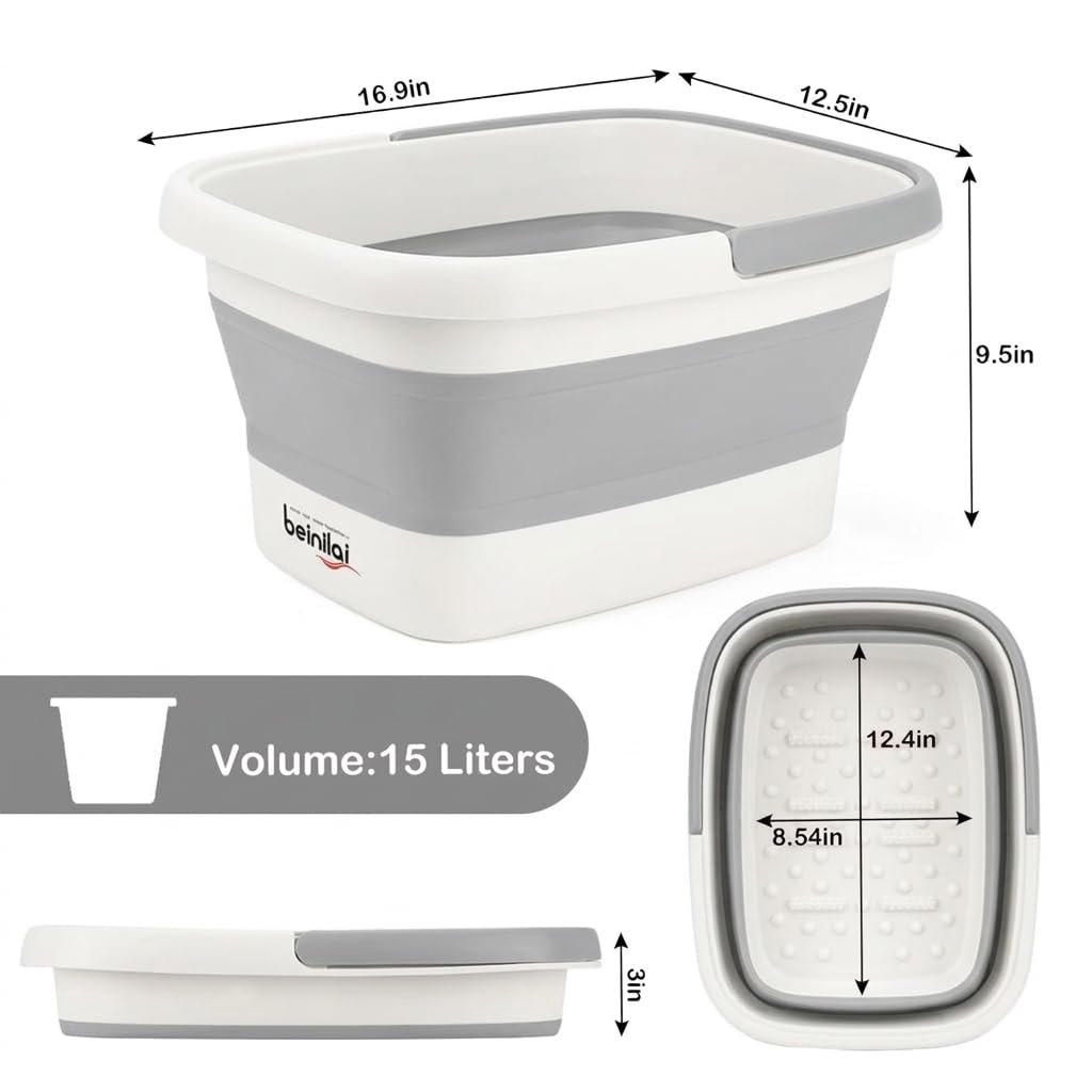 Collapsible Foot Bath Basin - Soaking Tub with Handles & Acupoint Massage | Foldable Plastic Bucket - Gray