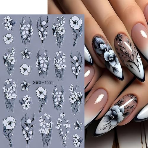 5D Embossed Lace Flower Nail Art Stickers - 6 Sheets, Black & White