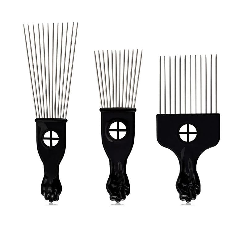 3 Pack Afro Pick Combs for Curly Hair - Black Metal & Plastic Detangling Styling Tools