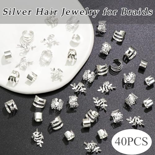 40PCS Silver Hair Cuffs for Braids & Dreadlocks - Metal Clips