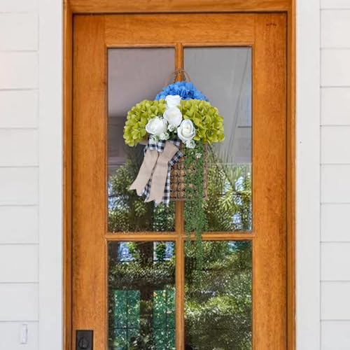 23.6-Inch Blue & Green Hydrangea Basket Wreath for Front Door