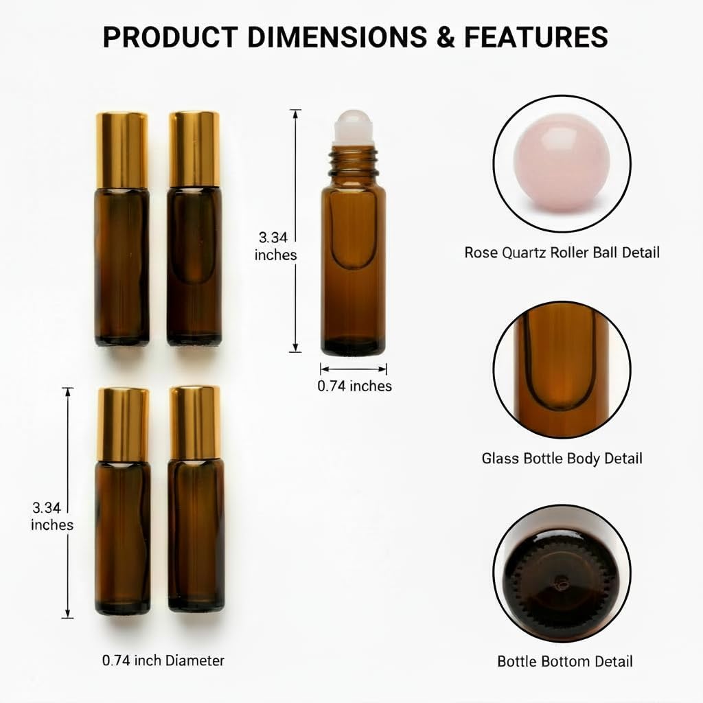 Roller Bottles with Natural Rose Quartz Balls - 10ml Refillable Amber Glass Essential Oil Kit | Leak-Proof for Travel & Aromatherapy