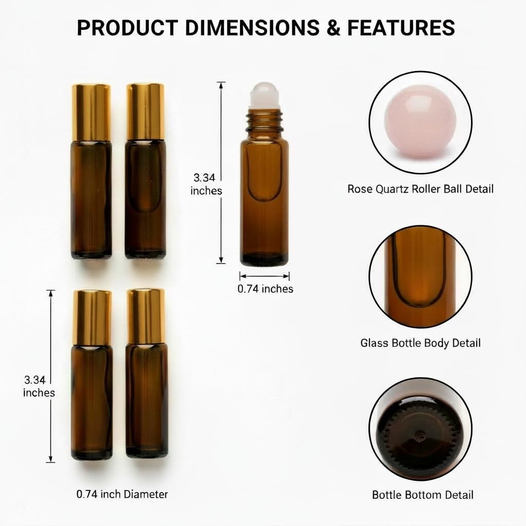 4 PACK Roller Bottles with Natural Rose Quartz Balls - 10ml Refillable Amber Glass Essential Oil Roll On Kit, Leak-Proof for Travel, Aromatherapy, DIY Perfume & Gifts (10ml Pink Glod Amber Bottles)