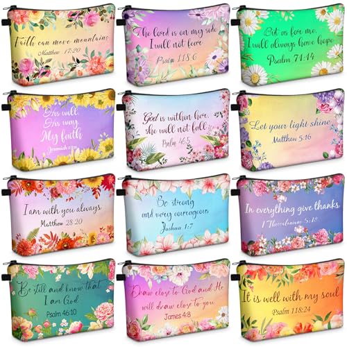 Chunful 12 Pack Christian Makeup Bags for Women 7.5 x 5 in Inspirational Bible Verses Stylish Pattern