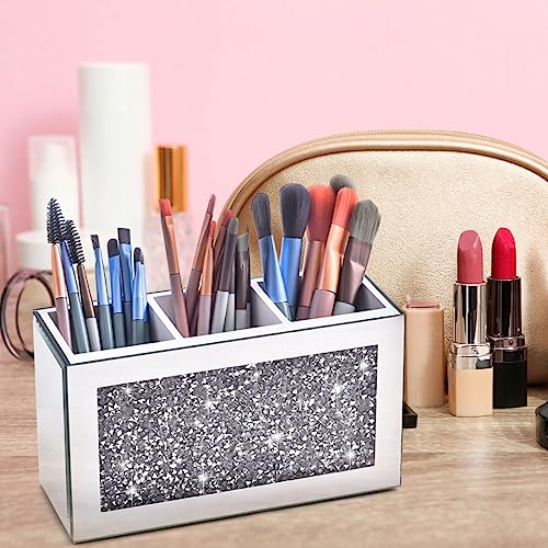 Amezey Mirrored Makeup Brush Holder with Crushed Diamonds, 3 Compartments