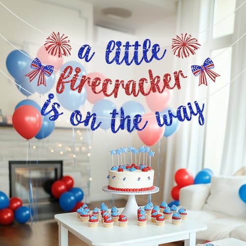 A Little Firecracker Is On The Way Banner - 4th of July Baby Shower Decoration