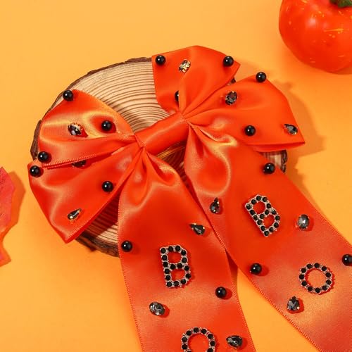 Large Halloween Hair Bow Clip - Pattern H Rhinestone Ghost & Pumpkin Ribbon