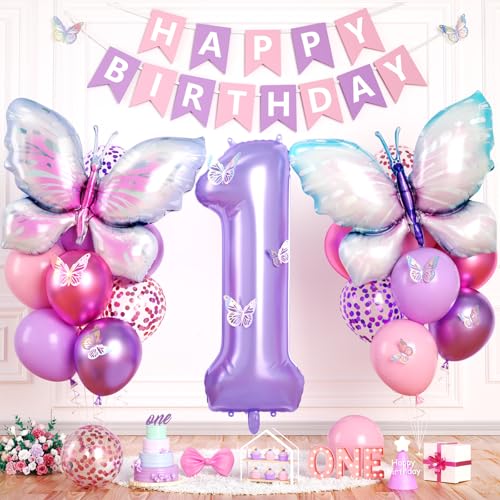 Butterfly 1st Birthday Decoration Set with Number 1 Balloon