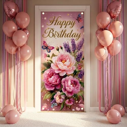 Elegant Pink Peony Birthday Door Banner - Floral Decor for Milestones