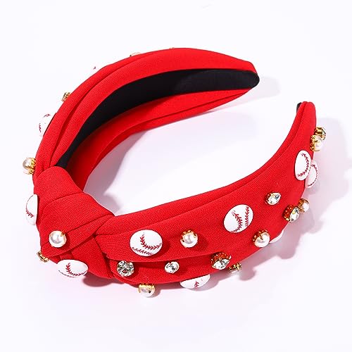 Red Baseball Knotted Headband with Rhinestones, Pearls, and Charms
