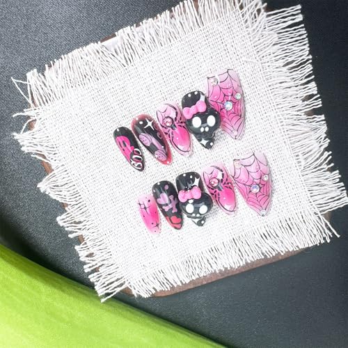 FDSQHSA Halloween 30 Pcs Almond Press On Nails Medium with 3D Skull Spider Web Rhinestones - Variation Halloween-21