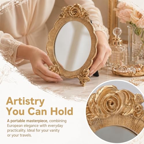 Portable Oval Resin Makeup Mirror with Rose Relief Frame