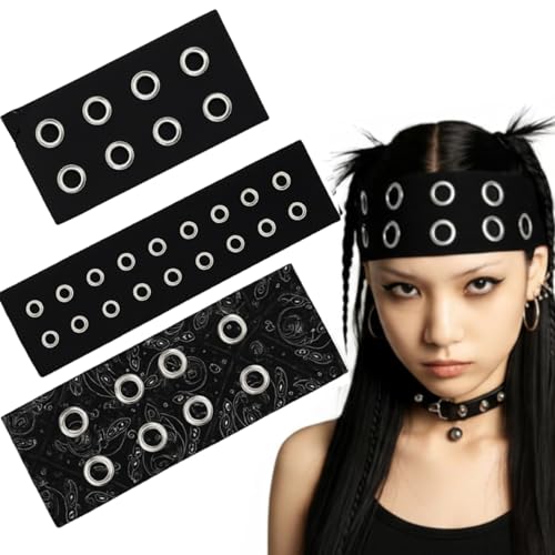 Maysing 3 Pcs Women Grommet Headbands Black Novelty Y2K Fashion Accessories