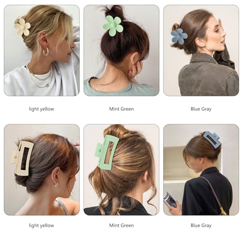 Large Claw Hair Clips for Thick Hair - Non-Slip Square & Flower Styles, Matte Green & Blue (6 Pack)