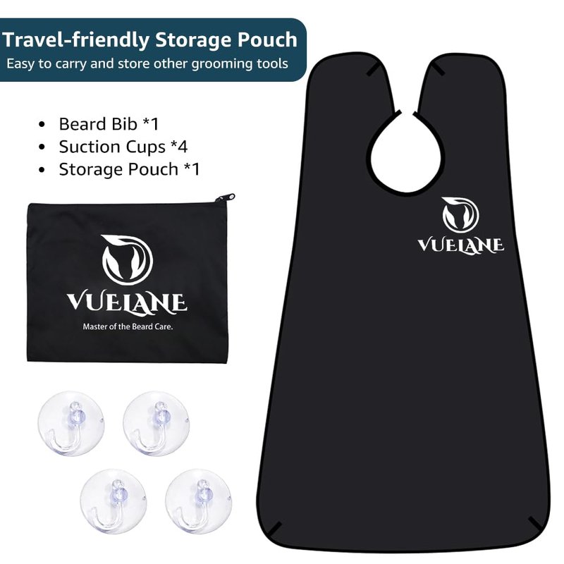 VUELANE Beard Bib Beard Apron, Beard Bib Hair Catcher for Men Shaving, Non-Stick Beard Bib Apron for Men with Strong Suction Cups, Gifts for Men Husband, Grooming Kit for Men - Black