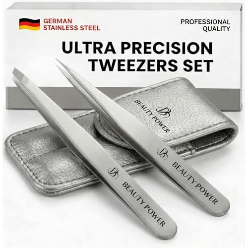 Beauty Power Professional Tweezers Set ? Slant & Point, Ultra Precision German Stainless Steel Tweezers for Eyebrows, Chin, Ingrown Hair & Facial Grooming ? Lightweight with Case - Gift Idea - Gray