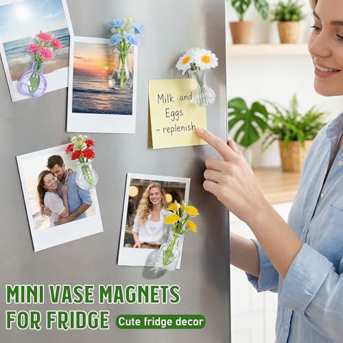 Mini Glass Vase Magnets with Artificial Flowers - Set of 8