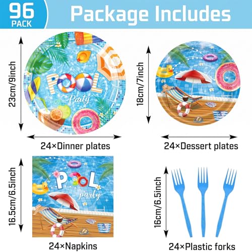 96-Piece Pool Party Tableware Set for 24 Guests - Plates, Napkins & Forks