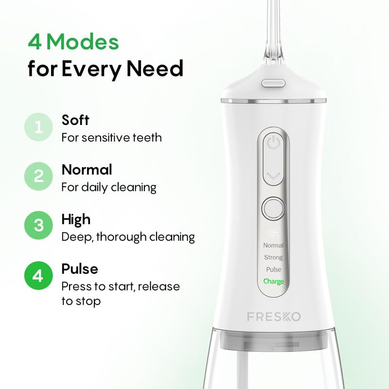 FRESKO Water Flosser for Teeth IPX7 Waterproof 5 Jet Tips — Portable Cordless Dental Irrigator