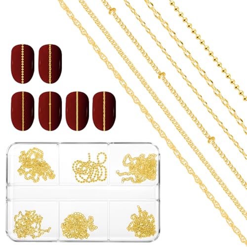 Gold Nail Art Chains Set - 6 Strips of Decorative Nail Charms