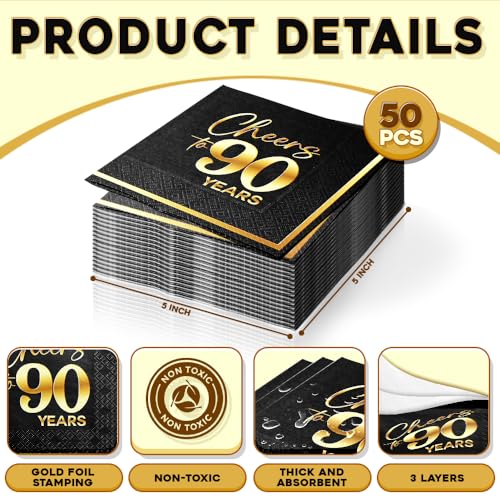 Cheers to 90 Years - 50PCS Black & Gold 3-Ply Cocktail Napkins