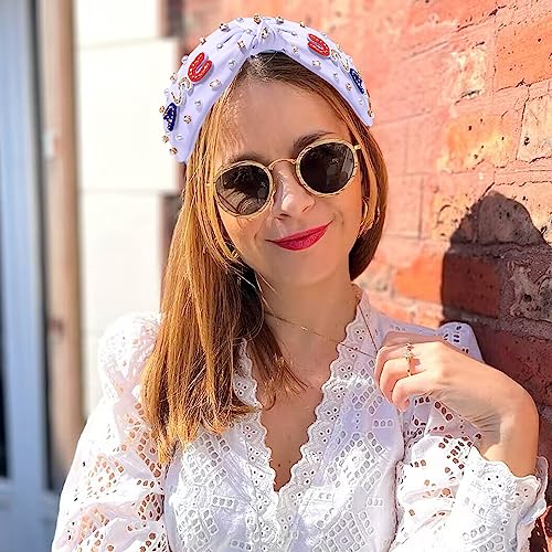 USA Embellished Knotted Headband with Rhinestones & Pearls - 4th of July Accessories