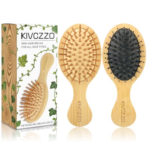 Mini Bamboo Hair Brush Set - 2 Pack Travel Detangling & Boar Bristle Comb for Women Men Kids