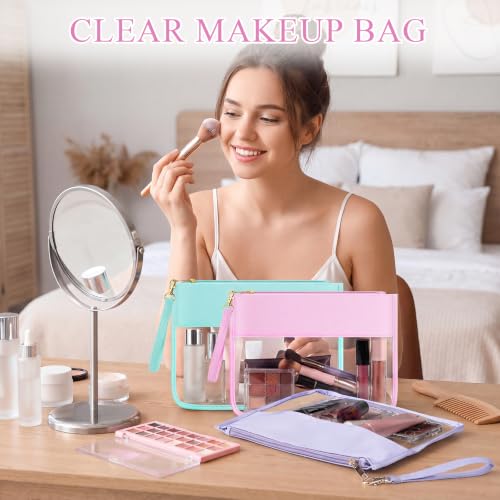 Sanwuta Clear Flat Zipper Makeup Pouch Set – 3 Colors: Pink, Green, Purple