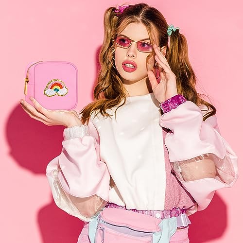 6 Pcs Mini Preppy Makeup Bags - Chenille Letter Nylon Cosmetic Pouch (Fresh Color)