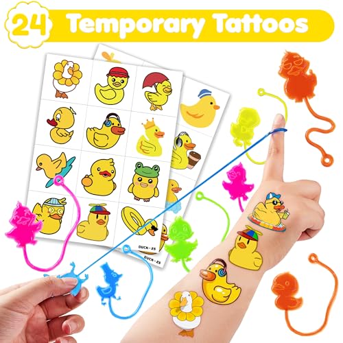 48 Pack Duck Party Favors with 24 Temporary Tattoos & 24 Stick Hands for Kids
