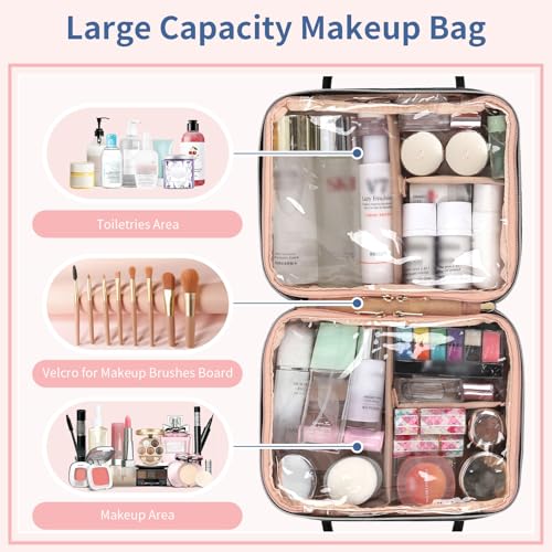 Onemoky Black Leather Large Capacity Travel Makeup Bag with Dividers & Brush Compartments