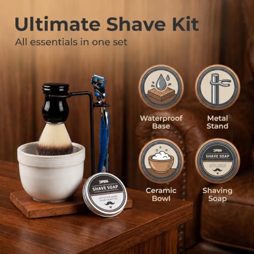 Men's Shaving Kit with Razor Stand, Ceramic Bowl, Brush & Soap