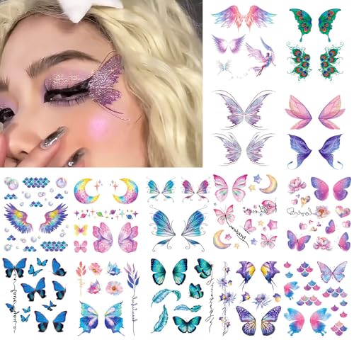 14 Sheets Glitter Butterfly Temporary Tattoos for Face Body & Eye Decoration
