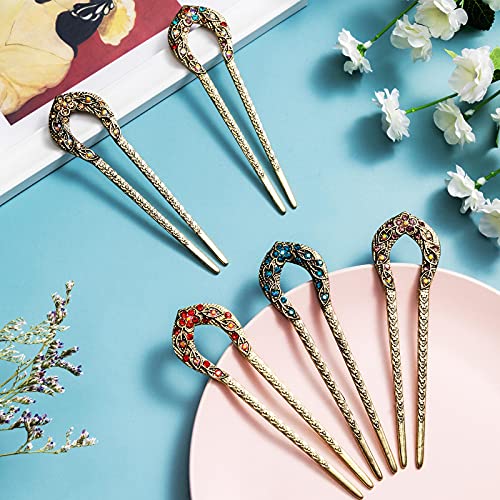 Vintage Crystal Hair Forks Set, 5 Pcs U-Shaped Metal Hairpins for Updos