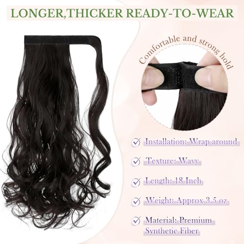FELENDY 18" Dark Brown Wavy Ponytail Extension - Clip In Hairpiece