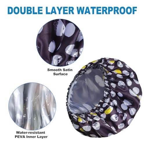 Reusable Shower Cap Set for Women - 4 Waterproof Caps & 2 Satin Scrunchies
