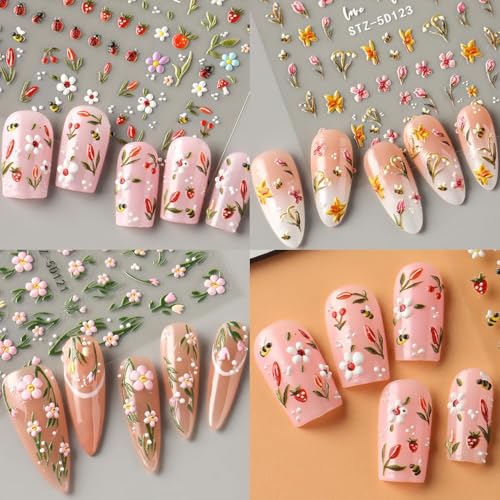 5D Summer Nail Stickers - Floral Bee & Ladybug Decals (3 Sheets)